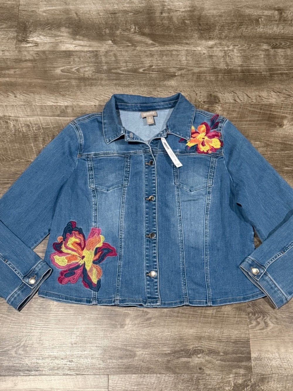 Chico’s Floral embroidered blue denim silver buttons jacket NWT.